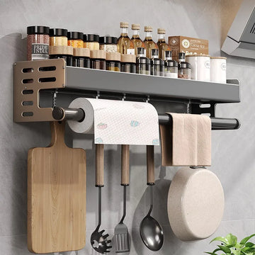 Gunmetal Kitchen Storage Rack - Space Aluminum No-Drill Wall Mounted Multi-Functional Organizer for Spices and Knives