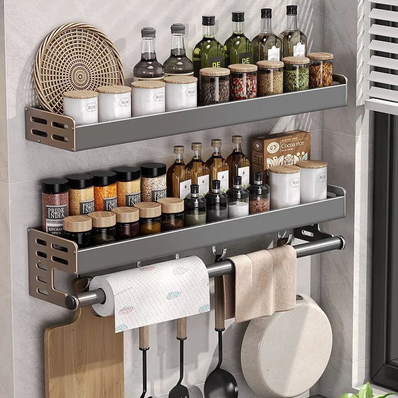 Gunmetal Kitchen Storage Rack - Space Aluminum No-Drill Wall Mounted Multi-Functional Organizer for Spices and Knives
